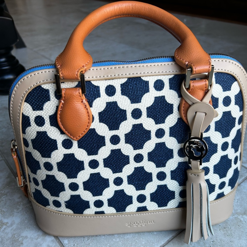 Spartina 449 Navy, White & Tan Patterned Satchel